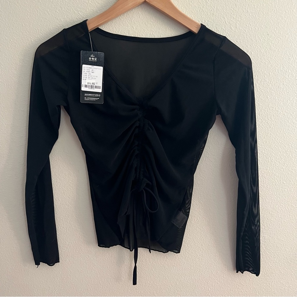 Mesh Long Sleeve Top, Black, Front Tie, Size L, NWT